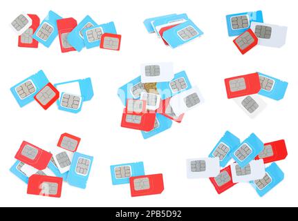 Einstellung mit verschiedenen SIM-Karten auf weißem Hintergrund Stockfoto