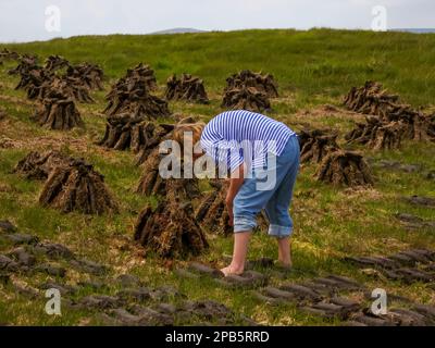 Wir stapeln Rasen im Moor. Stockfoto