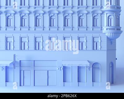 Einfarbige Fassade. Minimales Banner für das Online-Immobilienkonzept. Stadtbild mit blauer Fassade im Hintergrund. 3D-Darstellung rendern. Stockfoto
