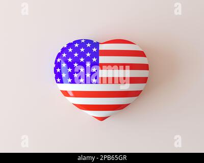 Herzsymbol mit amerikanischer Flagge. Isoliert auf pastellfarbenem Hintergrund. 3D-Darstellung rendern. Ich liebe das USA-Symbol. 3D Herz flagge der vereinigten Staaten von Amerika Stockfoto