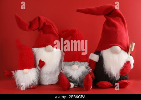 Viele süße Weihnachtszwerge auf rotem Hintergrund Stockfoto
