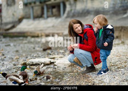 Mutter und ihr kleiner Sohn füttern Enten in Varenna, einer der malerischsten Städte am Ufer des Comer Sees. Charmante Lage mit typischem Flair Stockfoto