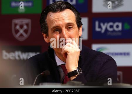 London Stadium, London, Großbritannien. 12. März 2023. Premier League Football, West Ham United gegen Aston Villa; Aston Villa Manager Unai Emery während seiner Pressekonferenz nach dem Spiel Credit: Action Plus Sports/Alamy Live News Stockfoto