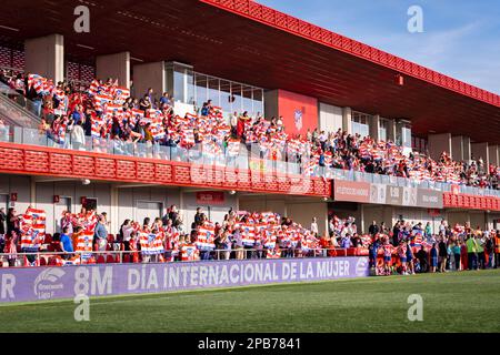 Madrid, Madrid, Spanien. 12. März 2023. Atletico Madrid Fans während des Fußballspiels womenÃs zwischen.Atletico Madrid vs Real Madrid gefeiert in Alcal'' de Henares, Spanien, im Centro Deportivo C'vitas Stadion am Sonntag, den 12. März 2023 gültig für Spieltag 21 der spanischen Liga der Frauen in der ersten Liga „Liga F“ (Bild: © Alberto Gardin/ZUMA Press Wire) NUR ZUR REDAKTIONELLEN VERWENDUNG! Nicht für den kommerziellen GEBRAUCH! Stockfoto