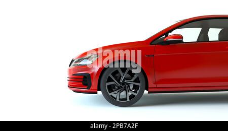 Brandless Sport Red Familienauto. 3D Abbildung horizontal. Rot verchromtes Auto isoliert auf weißem Hintergrund. Flach liegend, Kopierbereich, Bilderrahmen. Stockfoto