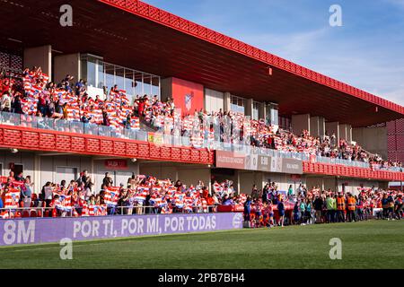 Madrid, Madrid, Spanien. 12. März 2023. Atletico Madrid Fans während des Fußballspiels womenÃs zwischen.Atletico Madrid vs Real Madrid gefeiert in Alcal'' de Henares, Spanien, im Centro Deportivo C'vitas Stadion am Sonntag, den 12. März 2023 gültig für Spieltag 21 der spanischen Liga der Frauen in der ersten Liga „Liga F“ (Bild: © Alberto Gardin/ZUMA Press Wire) NUR ZUR REDAKTIONELLEN VERWENDUNG! Nicht für den kommerziellen GEBRAUCH! Stockfoto