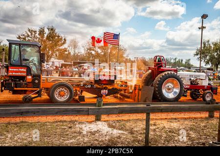 Fort Meade, Florida - 26. Februar 2022: Weitwinkel-Seitenansicht eines Zugmaschinenabziehers 40 bei einem lokalen Zugwettbewerb. Stockfoto