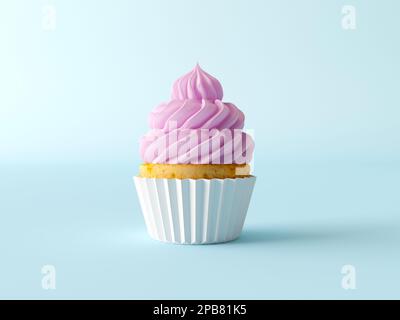 Süßer rosa Cupcake auf zartem blauem Hintergrund. 3D Abbildung Cupcake-Sammlung. Vanille-Cupcake mit isolierter Schlagsahne Stockfoto