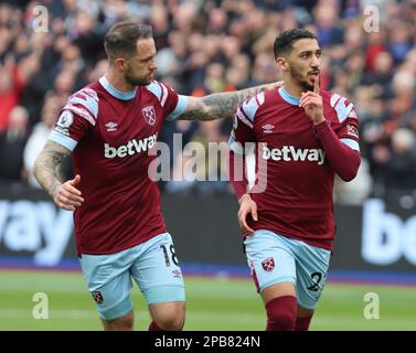 West Ham United's Said Benrahma feiert sein Tor und gleicht seine Seiten aus, um beim englischen Premier League-fußballspieler ma 1-1 Punkte zu erzielen Stockfoto