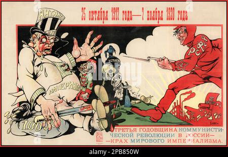 RUSSLAND REVOLUTION 1917-1920 Vintage sowjetische russische Propaganda Poster „Oktober 25 1917-November 1920" „Dritter Jahrestag der kommunistischen Revolution in Russland der Zusammenbruch des Weltimperialismus“ Stockfoto