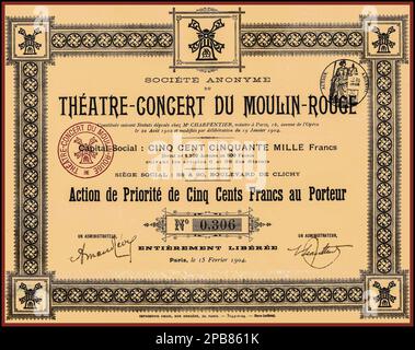 Vintage 1900er Moulin Rouge Priority Share Certificate mit einem Nennwert von 500FF (französische Francs) für die S.A. du Théatre-Concert du Moulin-Rouge, ausgestellt am 15. Februar 1904 in Paris, Frankreich Stockfoto
