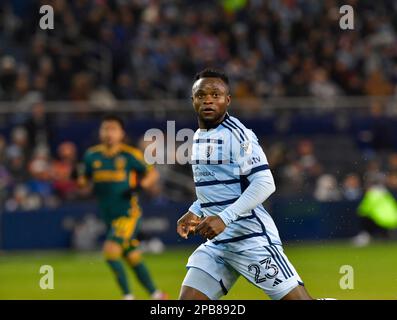 Kansas City, USA. 16. November 2022. Sporting Kansas City Forward Willy Agada (23). Sporting KC war Gastgeber der LA Galaxy bei einem Major League-Fußballspiel am 11. März 2023 im Children's Mercy Park Stadium in Kansas City, KS, USA. Foto: Tim Vizer/Sipa USA Kredit: SIPA USA/Alamy Live News Stockfoto