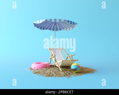 Sommerurlaubsinsel mit Strandsand, einer Sonnenliege, einem gestreiften Sonnenschirm, einem aufblasbaren Kreis und einem Ball. Stockfoto