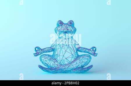 Ein Metallfrosch aus Draht, ein Frosch in Lotusposition. Kreatives Entspannungskonzept. Holen Sie sich ein Banner zum Ausruhen. Yoga-Lotus-Position als Kunst Stockfoto