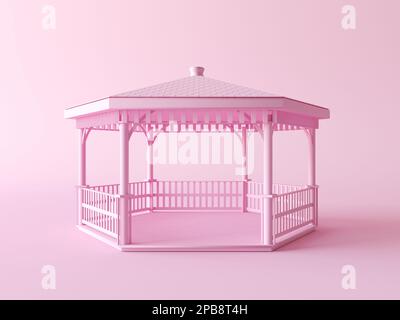 Runder Pavillon in Schwarzweiß-Pink, isoliert auf Pastellrosa. 3D-Rendering. Kreatives Konzept für Gartenmöbel. Edle Pergola aus Holz. Stockfoto