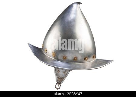 17. Jahrhundert Morion Stahlhelm isoliert auf weißem Hintergrund Stockfoto