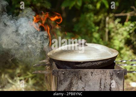 Warme Speisen werden über einem Feuer im Wald gekocht. Suppe in einem Kessel. Lifestyle Stockfoto