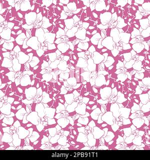 Nahtloses Muster großer weißer Orchideensilhouetten auf violettem Hintergrund, Struktur, Design Stockfoto