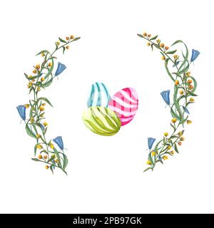 Aquarelle ostereier mit Blumen auf weißem Hintergrund. Handgezeichnete Illustration für Tapeten-, Druck-, Schrott- und Bannerdesign Stockfoto