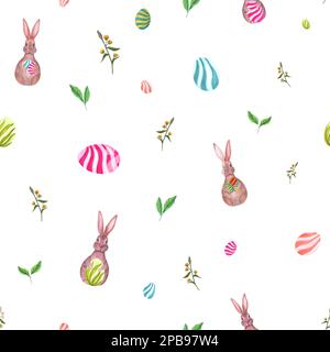 Wasserfarbenes, nahtloses Muster von Eiern, Hasen, Blättern auf weißem Hintergrund. Handmalerei für Postkarten, Poster, Sammelalben, Einladungen, Hintergrund Stockfoto