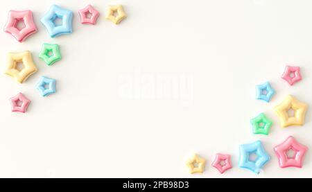 Bilderrahmen mit farbigen Sternen. Weißer Hintergrund. 3D-Sterne-Rendering in Pastelltönen auf dem Tisch. Weihnachten. Hochzeit. Geburtstag. Glücklicher Frauentag. Stockfoto