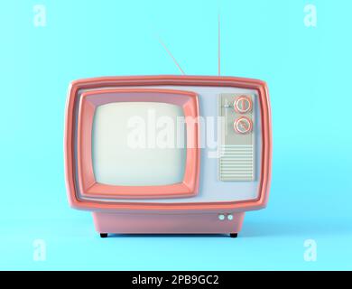 3D Abbildung eines Fernsehers. Pink Retro-fernseher auf pastellblauem Hintergrund. Alter fernseher isoliert, flach liegend, Kopierraum. Altmodischer analoger TV-Empfänger Stockfoto