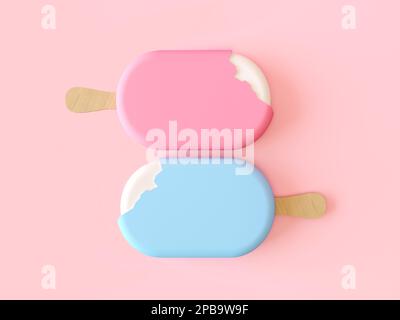 Ein gebissenes Eis am Stiel. Pinkfarbenes und blaues Eis am Stiel auf zartem pinkfarbenen Hintergrund. Ein Valentinstag-Lebensmittelkonzept, zwei Eis am Stiel Stockfoto