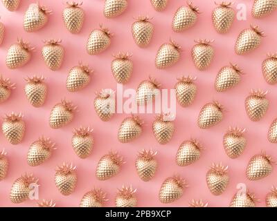 Goldene Erdbeeren auf rosa Hintergrund. 3D-Darstellung rendern. Minimales Fruchtmuster. Gold-Metall-Erdbeeren Tapete. Draufsicht Stockfoto