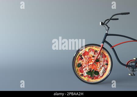 Pizza auf Rädern 3D Abbildung. Kreatives Konzept für schnelle Pizzalieferung, Lieferservice, Pizzeria-Banner für Werbung und Medien. Stockfoto