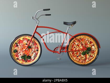 Pizza auf Rädern 3D Abbildung. Kreatives Konzept für schnelle Pizzalieferung, Lieferservice, italienische Pizzeria-Banner zur Werbung und med Stockfoto