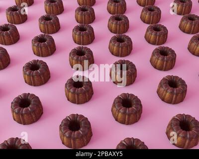 Schokoladen-Muffins-Muster. Brownie-Tapete auf pinkfarbenem Hintergrund. Vollständiges Bild mit Schokoladenkuchen isoliert auf rosa. Minimalistische Lebensmittelfotografie Stockfoto