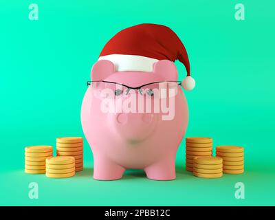 Pinkfarbenes Sparschwein in einem Weihnachtsmütze mit Goldmünzen. Ein intelligentes Sparschwein mit Brille auf weihnachtlichem Hintergrund. Konzept der intelligenten Investition Stockfoto