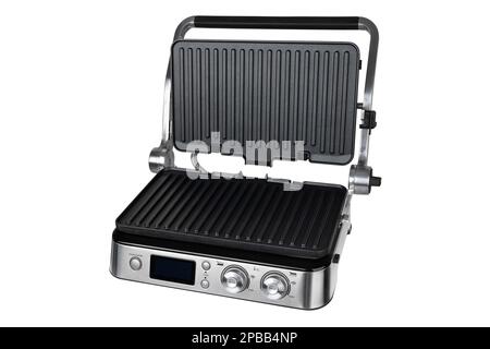 Elektrischer Grill isoliert auf weißem Hintergrund. Grillen zum Frittieren im Nahbereich. Stockfoto