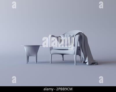 Einfarbiger Sessel und Couchtisch im dunkelgrauen Innenraum. Einfarbige Komposition, minimaler Stil. 3D-Rendering, Bildrahmenhintergrund Stockfoto