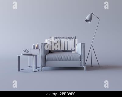 Einzelleuchte, Couchtisch, Textilsessel in einem einfarbigen, dunkelgrauen Innenraum, einfarbig grau. 3D-Rendering für Webseite, Präsentation Stockfoto