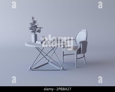Minimalistisches einfarbiges Interieur. Einfarbiger Sessel und Couchtisch im dunkelgrauen Innenraum. Einfarbige Komposition, minimaler Stil. 3D-Rendern Stockfoto