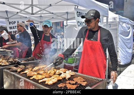 Toronto, Ontario/Kanada - 14. Juli 2009 - Street Food, gegrilltes Hähnchen auf dem Grill. Stockfoto