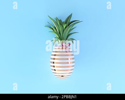 Kreative ostereier-Ananas. Frohe osterpostkarte. Minimale Konzeptidee auf blauem Hintergrund. Draufsicht. goldene Streifen für 3D-Darstellung Stockfoto