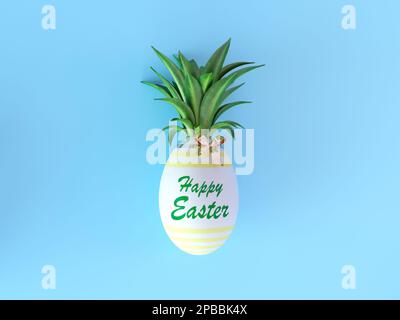Frohe Osterpostkarte. Kreative ostereier-Ananas. Minimale Konzeptidee auf blauem Hintergrund. Draufsicht. 3D-Rendering-Abbildung Stockfoto