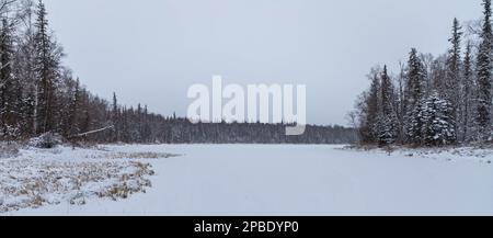 Paul's Bay in der Nähe von Talkeetna, Alaska, ist ein friedliches Paradies für Sportler, das im Winter von Schönheit und Natur umgeben ist Stockfoto