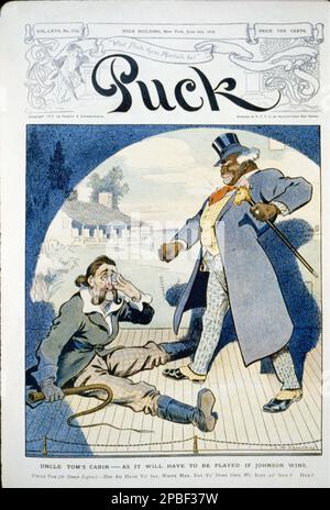 1910 , USA : ZEITSCHRIFT PUCK . Politische Karikatur : Karikatur, die Jack Johnson als großen, wohlhabenden Mann zeigt, der Simon Legree niedergeschlagen hat. . Die amerikanische Abolitionistin und Schriftstellerin, Schriftstellerin, HARRIET BeecHER STOWE ( 1811 - 1896 ), Schriftstellerin des berühmtesten BUCHES ONKEL TOM's CABIN ( 1852 ). - CAPANNA DELLO ZIO TOM - Onkel Tom's Hütte - SCRITTORE - LETTERATO - LETTERATURA - LITERATUR - BÜRGERKRIEG - GUERRA DI SECESSIONE - GUERRA CIVILE AMERICANA - ABBOLIZIONISTA SCHIAVISMO - Caricatura - Copertina - Satira - Satirico - POLITICA - GBB-- Stockfoto