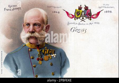 1898 , ÖSTERREICH : der österreichische Kaiser FRANZ JOSEF von ABSBURG ( 1830 - 1916 ) , Kaiser von Österreich , König von Ungarn und Böhmen , Postkarte für das Jubiläum 1848-1898 . - FRANCESCO GIUSEPPE - JOSEPH - ABSBURG - ASBURG - ASBURGO - ADEL - NOBILI - Nobiltà - REALI - HABSBURG - HASBURG - ADEL - ÖSTERREICH - Bart - barba - Baffi - Schnurrbart - Militäruniform - divisa uniforme militare - Francesco Giuseppe - Cartolina - giubileo - giubileo -- - Archivio GBB Stockfoto