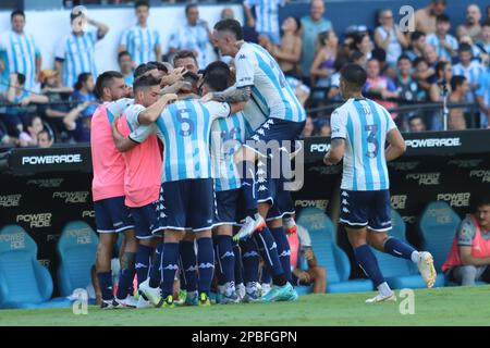 Avellaneda, Argentinien, 12. März 2023.Matias Rojas vom Racing Club feiert das erste Tor seiner Mannschaft, das im Spiel zwischen Racing Club und Club Atletico Sarmiento, Spiel 7, Professional Soccer League of Argentina 2023 (Liga Profesional de Futbol 2023 - Torneo Binance) erzielt wurde. Kredit: Fabideciria. Stockfoto