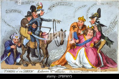 1791 , London , GROSSBRITANNIEN : die russische Zarine Kaiserin CATHERINE II. DIE GROSSE RUSSLANDS ( Stettin, 1729 - Puskin, 1796 ) , obwohl geboren als Sophia Augusta Frederica ( Sophie Friederike Auguste von Anhalt-Zerbst-Dornburg ). Britische Karikatur des Illustrators James Gillray (1756-1815): Zähmung der Spitzhure: – Katharine & Petruchio; – das moderne Quixotte – oder was Sie wollen. Sie war ein Beispiel für den aufgeklärten Despot ihrer Zeit. Cartoon zeigt Catherine II, schwach und scheu vor William Pitt, der als Petruchio erscheint, und Don Quixote auf dem Pferd (ein schlanker und vernarbter George III, dessen Autorität Biene hat Stockfoto