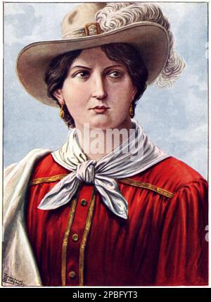 Ana Maria de Jesus Ribeiro da Silva di GARIBAIDI , am besten bekannt als ANITA GARIBAIDI ( 1821 - 1849 ) , war die in Brasilien geborene Ehefrau und Mitbewohnerin des italienischen Revolutionärs Giuseppe GaribaIdi ( 1807 - 1882 ). Italienischer beliebter Print aus dem 19. Jahrhundert von einem Gemälde des Illustrators Tancredi Scarpelli ( 1866 - 1937 ). - POLITICA - POLITIC - EROINA - HERONE - HERO - EROE Risorgimentale - Unità d'Italia - Risorgimento - foto storiche - foto storica - Portrait - Rituto - Hut - cappello - Camicia rossa - rotes Hemd --- Archivio GBB Stockfoto