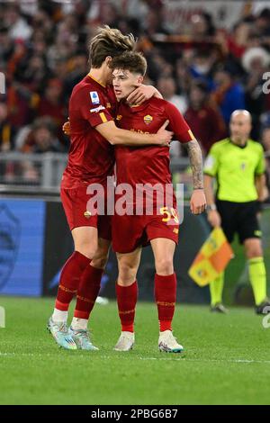 Stadio Olimpico, Rom, Italien. 12. März 2023. Serie A Fußball; Rom gegen Sassuolo; Nicola Zalewski feiert, nachdem er in der 26.-minütigen Ausgabe das Tor für 1-2 erzielt hat. Credit: Action Plus Sports/Alamy Live News Stockfoto