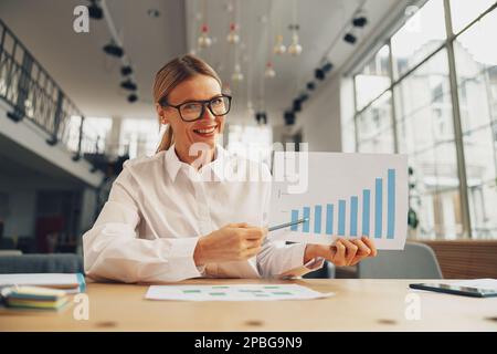Lächelnde Buchhalterin hat Online-Briefing mit Kollegen, während sie auf dem Schreibtisch sitzt Stockfoto