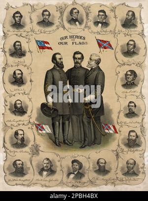 "Unsere Helden und unsere Flagge". Lithography 1896 von Southern Lithograph Co. Aufdruck mit Porträts von Robert E. Lee, Stonewall Jackson und G.T. Beauregard mit vier Versionen der Flagge der Konföderierten, umgeben von Büstenporträts von Jefferson Davis und Offizieren der Konföderierten Armee. General ROBERT E. LEE ( 1807 - 1870 ) der Konföderierten Armee . Lee war Offizier der US-Armee, Ingenieur und einer der berühmtesten Generäle in der amerikanischen Geschichte. SEZESSIONSKRIEG BÜRGERMEISTER GUERRA CIVILE DI SECESSIONE AMERICANA cappello - hat - uomo anziano vecchio - Älterer Mann - Barb Stockfoto