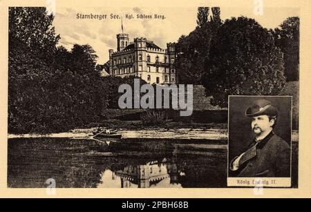 1890 Ca , Bayern , Deutschland : Eine Postkarte mit dem Porträt von König von Bayer LUDWIG II . ( Louis ) von Wittelsbach , König von Bayern , bekannt als " Mad King Ludwig " ( 25 . August 1845 - 13 . Juni 1886 ) Und an der Stelle in der Nähe des Schlosses Karlberg und des Starnberger Sees sehen Sie, wo König Kudwig II. Selbstmord beging . König von Bayern von 1864 bis zu seinem Tod. Ludwig stieg im Alter von 18 Jahren nach dem Tod seines Vaters auf den bayerischen Thron. Seine Jugend und sein grüblerisches Aussehen machten ihn in Bayern und im Ausland sehr beliebt. Eine seiner ersten Taten war die offizielle Gönnerschaft seines Idols, des Deutschen O. Stockfoto