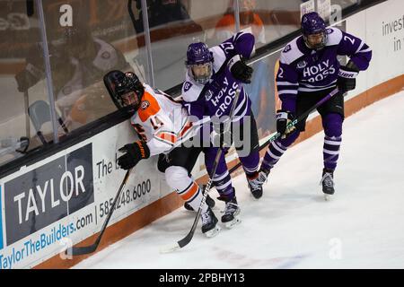 12. März 2023: RIT Tigers Forward Tyler Mahan (14) und Mack Oliphant (27) kämpfen in der zweiten Phase. Das Rochester Institute of Technology Tigers war Gastgeber der Kreuzritter der Holy Cross University im Atlantic Hockey Tournament, Halbfinalspiel 3 im Gene Polisseni Center in Rochester, New York. (Jonathan Tenca/CSM) Stockfoto